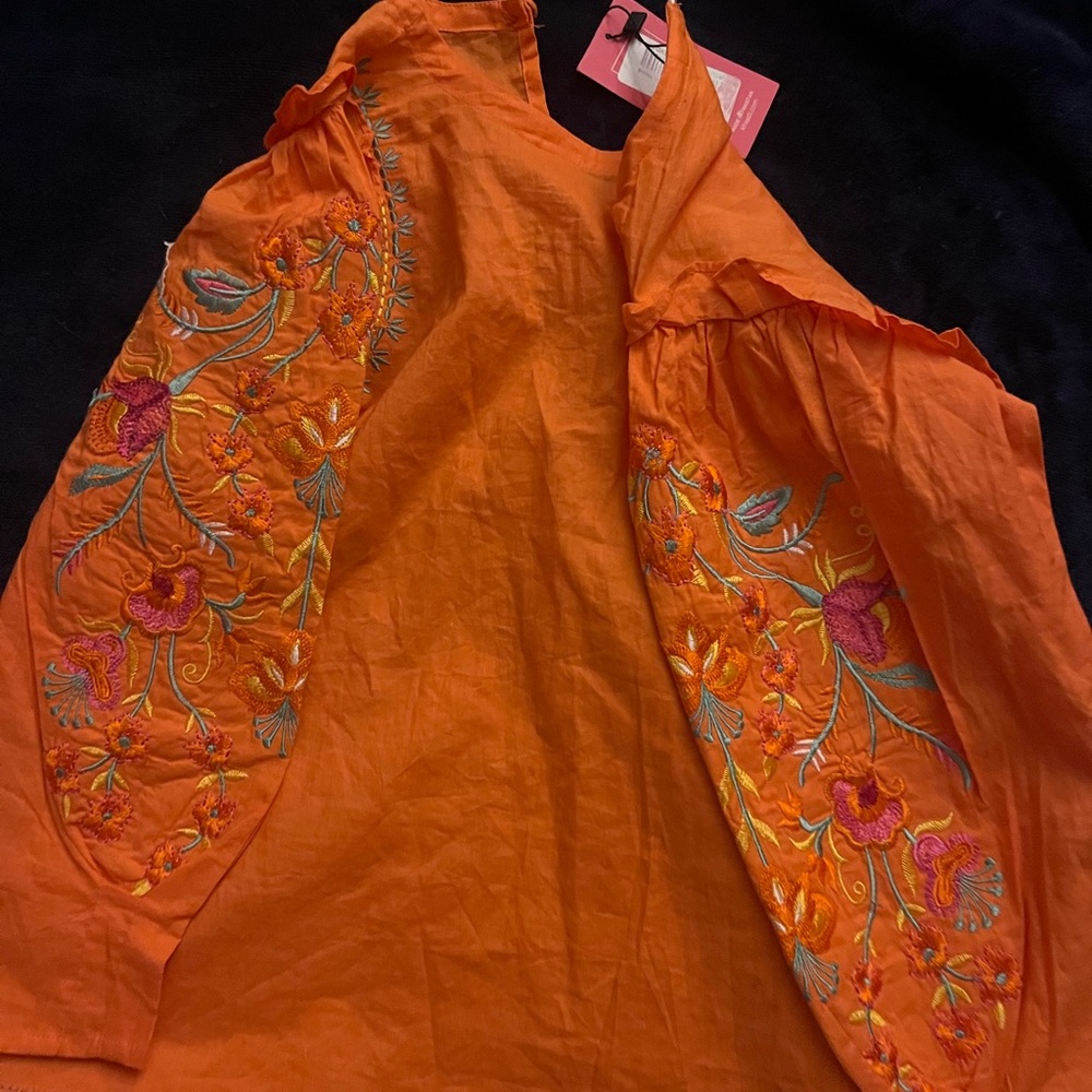 Girls' Orange Embroidered Casual Dress